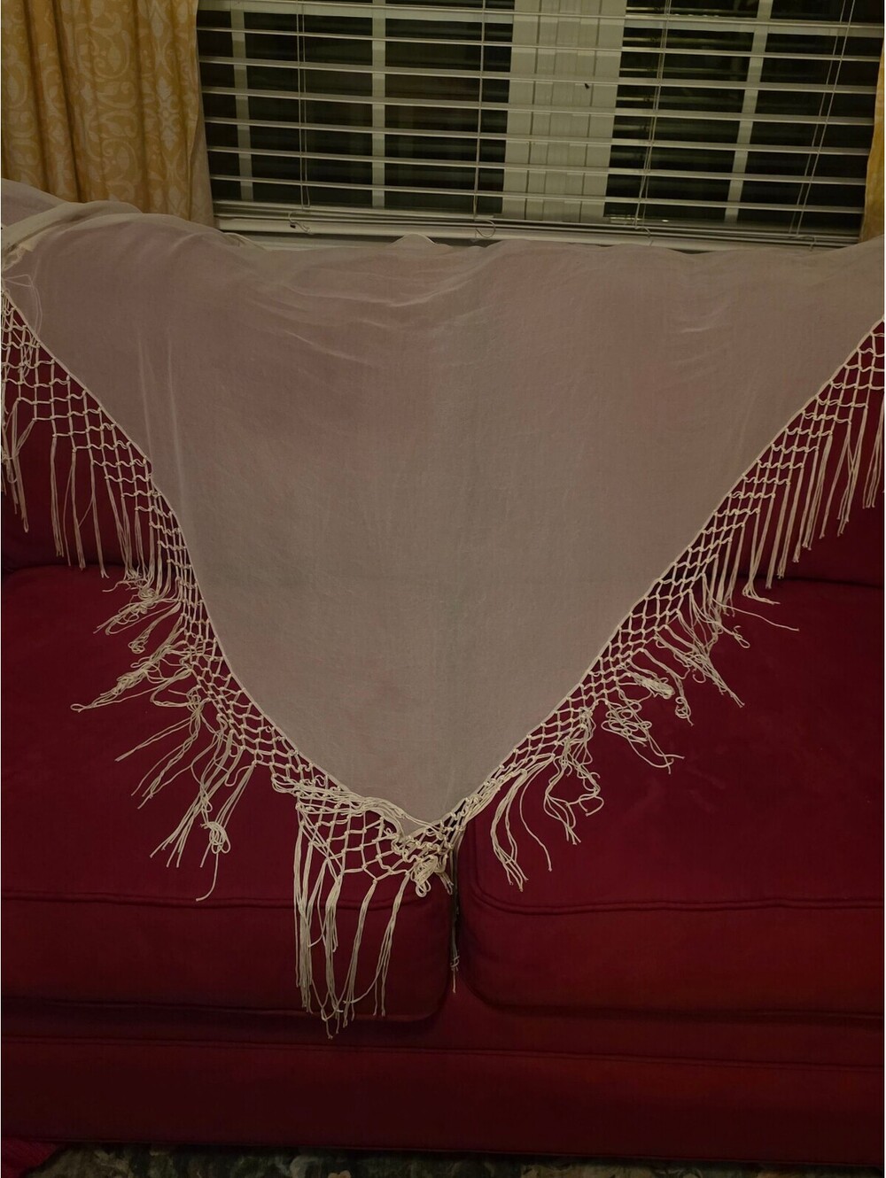Elegant White Sheer Shawl with Decorative Fringe